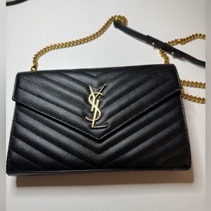 Pre-owned Saint Laurent Classic Chain Wallet in Black Grain de Poudre Leather